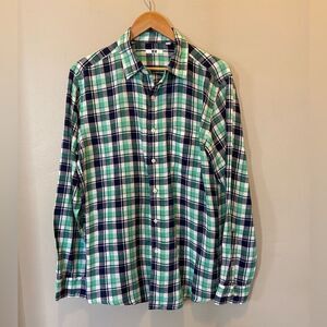Uniqlo 100% Linen Green and Blue Plaid Men's Long Sleeves Button Down Shirt M